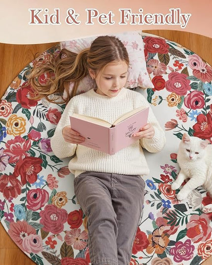 Wonnitar Washable Red Camellia Floral Area Rugs 5x7, Non-Slip Boho Rugs for Living Room, Soft Scalloped Flower Floor Carpet Rugs for Bedroom Kids Nursery Dorm Decor (Red,5'x7')