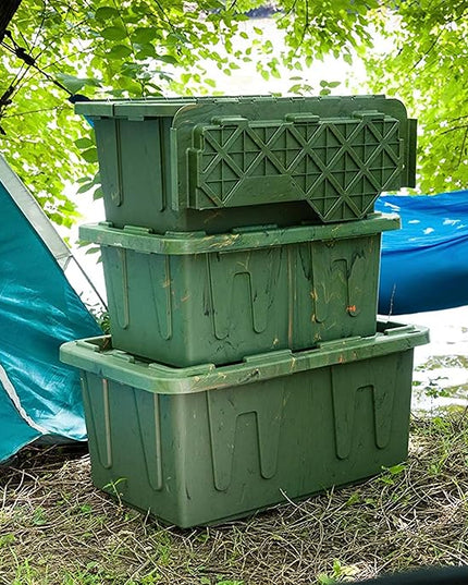 HOMZ 4-Pack Durabilt Tote, Heavy Duty Plastic Storage Bins with Lids, 27 Gallon, Green Camo - Stackable Organizing Containers for Home, Garage, and Office