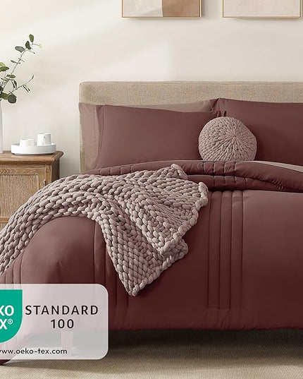 Monbix King Size Comforter Set - 7 Pieces Bed in a Bag King, Dark Red Bedding Sets with Comforter, All Seasons Down Alternative Comforter Bed Set with Sheets, Pillowcases & Shams