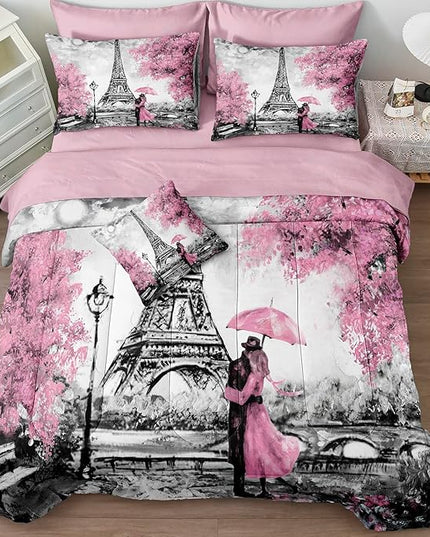 Bedbay 8 Pieces Pink Paris Comforter Set Full Bed in a Bag Set Boys Girls Bedding Full Size Eiffel Tower Romantic Couple Paris Themed Bedroom Decor Pink and Grey Comforter Set (Couple,Full)