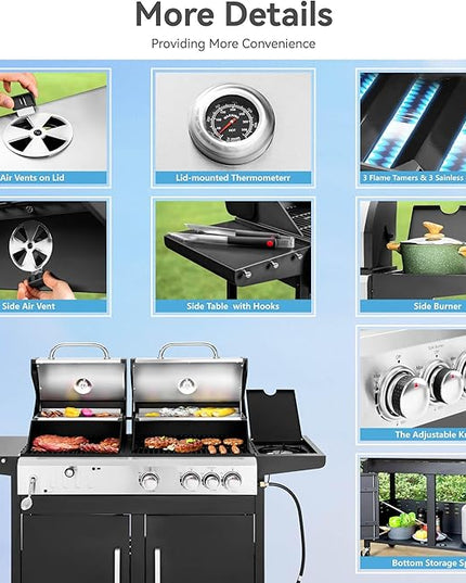 3 Burner Propane Gas and Charcoal Grill Combo with Side Burner & Porcelain-Enameled Cast Iron Grates, 37,000 BTUs 685 SQIN Dual Fuel Outdoor BBQ Grill for Patio Garden Picnic Backyard Barbecue Cooking