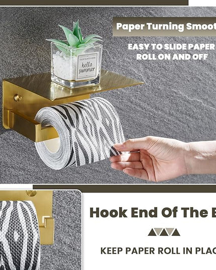 Toilet Paper Holder with Shelf, Suyar 304 Stainless Steel Wall Mount Toilet Paper Roll Holder with Phone Shelf, Brushed Gold