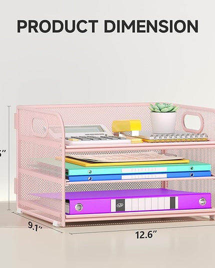 3 Tier Paper Organizer with Handle, Metal Desk Organizer Mesh Paper Letter Tray Desktop File Folder Document Sorter for Classroom, School, Office Accessories Organization and Storage - Pink