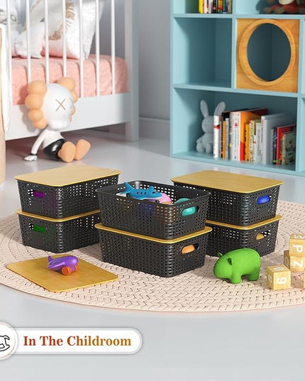 Plastic Storage Baskets With Bamboo Lid - Plastic Storage Containers Stackable Storage bins: Storage Baskets for Organizing Shelves Drawers Desktop Closet Playroom Classroom Office, 6 Pack