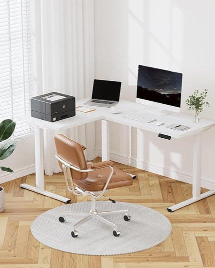 FLEXISPOT 63 x 47 Inch 3-Leg L Shaped Standing Desk, Electric Height Adjustable Sit Stand Corner Desk, Computer Workstation with Preset Controller for Home Office, White Frame with White Top