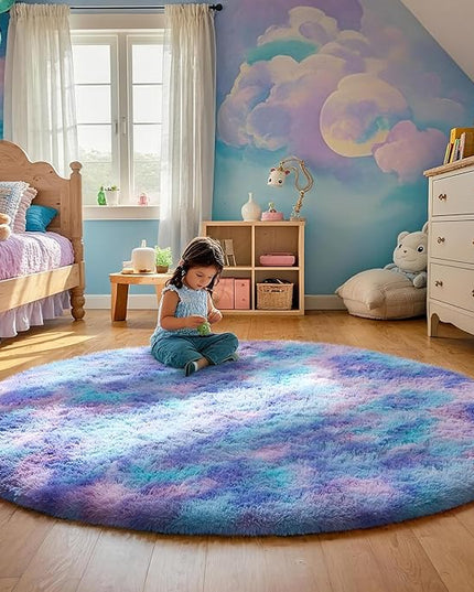 Ophanie Round Rugs 5Ft Tie-Dye Rainbow Purple Area Rug, Aesthetic Room Decor, Fluffy Fuzzy Bedroom Carpet, Plush Soft Shaggy Colorful Living Room Rugs for Kids Home Decor, Nursery