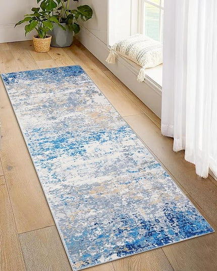 2x6 Modern Abstract Runner Rug Non Slip Soft Stain Resistant Low Pile Machine Washable Non Shed Rug for Hallway Kitchen Bathroom, Blue/Grey