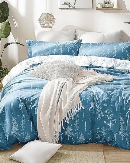 Love's cabin Mineral Blue Full Comforter Set - Full Size Comforter Set, 3 Pieces Cute Floral Bedding Sets for All Seasons,1 Soft Reversible Botanical Flowers Comforter and 2 Pillow Shams
