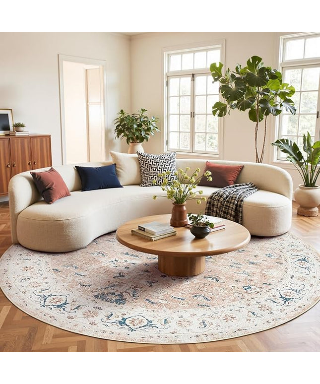 jinchan Round Rug 8ft Area Rug - Washable Boho Vintage Floral Circle 8' Round Floor Cover Lightweight Low Pile Thin Throw Non-Slip Carpet for Kitchen Living Room Bedroom Dining Room Office Pink Blush