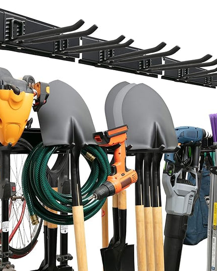 TIDYME Garage Tool Organizer Wall Mount - 48 inches - Sturdy Storage Rack with Adjustable Hooks, Anti-Rust - Easy Installation, 300lbs Capacity - Garden Tool Organizer (03 Racks & 06 Hooks)