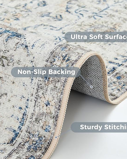 jinchan Kalen Area Rug 2x3 Washable Entryway Rug Vintage Doormat Indoor Entrance Lightweight Thin Retro Distressed Door Mat Floral Print Country Boho Non Slip Carpet for Bathroom Kitchen Bedroom Blue