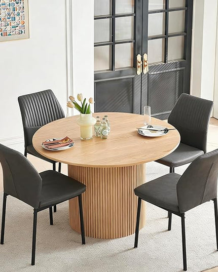 Dining Table Set for 4, 47" Wooden Round Kitchen Table with PU Leather Chairs for Kitchen Room and Small Spaces(Oak Table + 4 Dark Grey Chairs)
