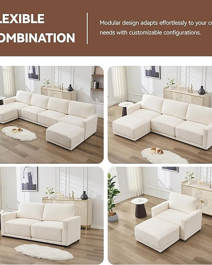 110.6" L Shaped Modular Sectional Sofa Modern Chenille Comfy Couch with Thickened Seat Cushions, Easy Assembly, Upholstered 4 Seater Couch with Movable Ottoman for Living Room, White