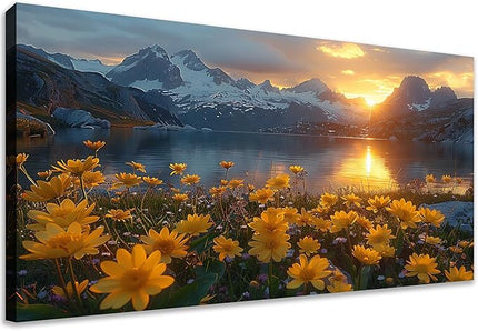 LKY ART Mountain Lake Sunset Wall Art Snow Capped Peaks with Yellow Wildflowers Picture Wall Decor for Living Room Nature Landscape Canvas Prints Poster Artwork Home Decoration