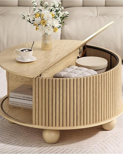 Round Coffee Table with Storage, 31.5" Circle Coffee Table with Sliding Door & Bun Feet, Fluted Center Table for Living Room, Home Small Space, Oak