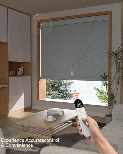 Boolegon Motorized Roller Blinds with Remote Control, Blackout Linen Fabric-Matched Automatic Roller Shades for Windows, Rechargeable Electric Window Shades for Home,Office, Gray, Custom Now.