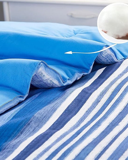 KAKIJUMN 5 Piece Bed in a Bag Stripe Comforter Set Twin Size, White and Blue Patchwork Striped Comforter and Sheet Set, All Season Soft Microfiber Complete Bedding Sets(Blue,Twin)
