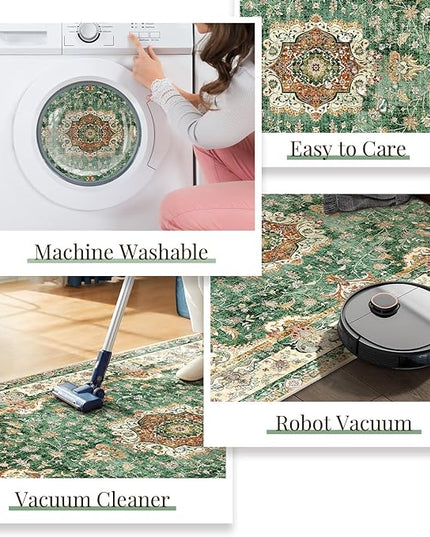 Green Round Rug 5ft, Circle Boho Area Rugs for Bedroom Living Room Bedside,Washable Vintage Bohemian Distressed Oriental Floral Carpet Non Slip,Retro Sage Floral