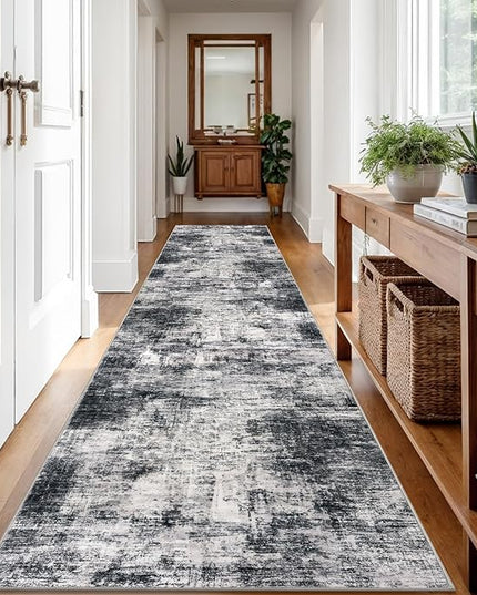 IOHOUZE Abstract Runner Rug 3x12 Ft Washable Runners for Hallways, Non Slip Kitchen Runner Printed Faux Wool Entryway Runner Indoor, Modern Abstract Floor Carpet for Hall Kitchen, Black Grey