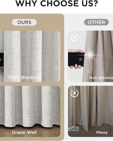 Joydeco Pinch Pleated Curtains - 100% Blackout for Bedroom, White Linen Curtains 40" W x 96" L, Thermal Insulated 2 Panels Light Blocking Drapes, Back Tabs for Living Room