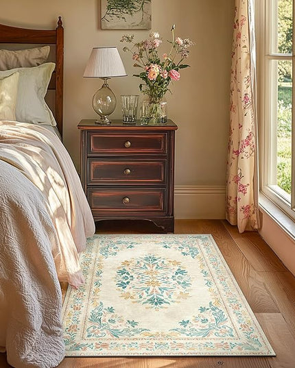 jinchan Vintage Floral 3x5 Area Rugs for Entryway - Machine Washable Distressed Design Ultra-Thin Low-Pile Soft Non-Shedding Carpet for Kitchen Bedroom Laundry Living Room (3x5ft, Apricot Multi)