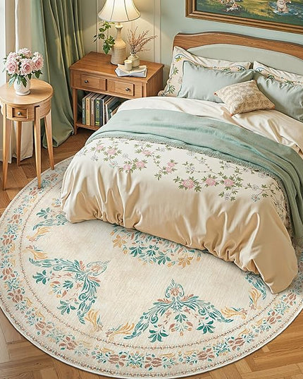 jinchan Round Rug 8ft Area Rug Vintage Floral Distressed Design Machine Washable Soft Non-Slip Low-Pile Ultra-Thin Circle Rug for Living Room Dining Room Bedroom Home Office (8' Round, Apricot Multi)
