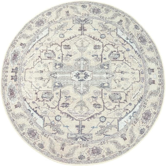 GLN Rugs Bohemian Collection - Machine Washable Area Rug, Bohemian Vintage, Non Slip, Low Pile Chenille Rug, Living Room, Bedroom, Bathroom Rug (5'3" Round Beige/Gray)