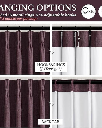 Purple Double Layer Linen Blackout Curtains 40 x 102 Inches Long for Bedroom, Memory Trained Pinch Pleat Thermal Light Blocking Privacy Decorative Window Drapes 2 Panels 8-1/2 FT Length