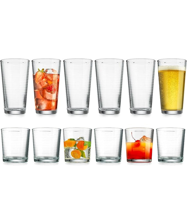 Glaver's Drinking Glasses Set of 12. Everyday Drinking Glasses. Mixed Drinkware Sets 6-17 oz Tall Kitchen Glass Cups, and 6-13 Oz Rocks Glasses. Ribbed Glassware Sets for Cocktail Beer Juice Water.