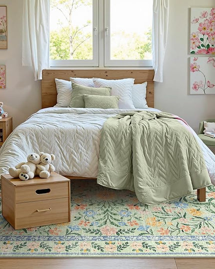 Wonnitar Washable Floral 6x9 Rug, Soft Green Area Rug Boho Non Slip Dining Room Carpet, Non-Shedding Flower Floor Carpets for Kids Bedroom Living Room Dorm Playroom