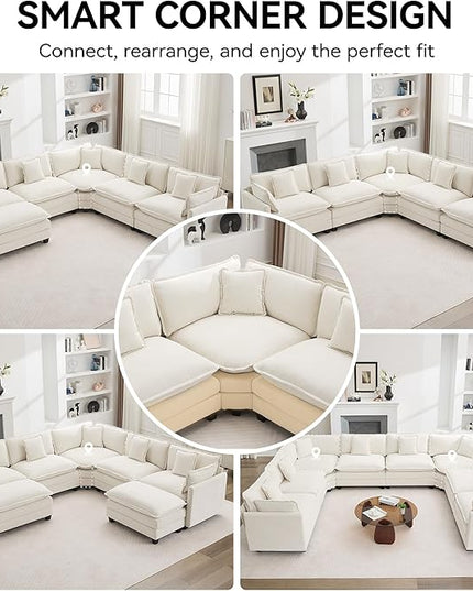 147'' Oversized U Shaped Cloud Sectional Sofa, Chenille Deep Seat Couches for Living Room, Comfy Upholstered Modular Sectional Sofa Couch, Beige