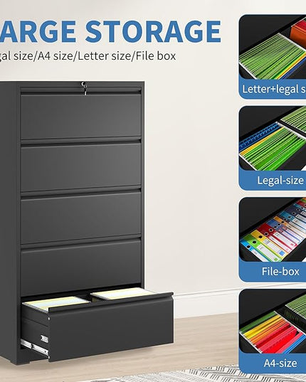 File Cabinets 5 Drawer,Metal Office Storage Filing Cabinet with Lock,Black Lateral Filing Cabinet for Home Office,Horizontal Locking File Cabinet for Legal/Letter/A4,Assembly Require,Black