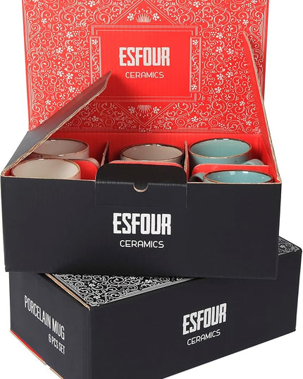 Esfour Ceramic Coffee Mugs Set Of 6, 14 Oz Large Handle Heavy Duty Cups - Microwave Dishwasher Safe - Latte, Cappuccino, Tea, Cocoa, Mocha - Men, Women, Home Office Daily Use, Natural Assorted Colors