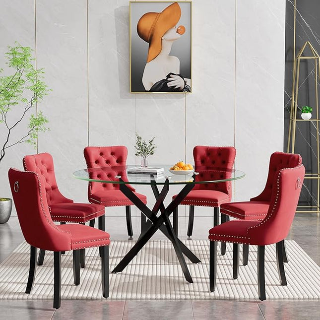 HomVent 7 Piece Round Glass Dining Table Set, Tempered Glass Dinner Table Set for 6 Kitchen Table Set with 6 Velvet Upholstered Chairs for Kitchen Dining Room
