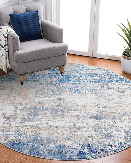 Modern Abstract 4x4 Round Area Rug Non Slip Non Shedding Rug Low Pile Stain Resistant for Bedroom Living Room Office Dining Room,Blue/Grey