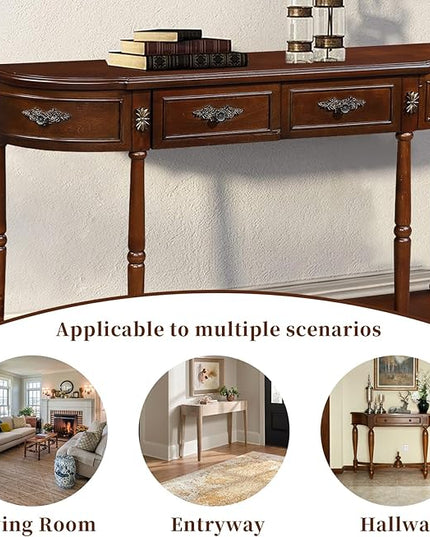 HMFULE Retro Curved Console Table, 52" Half Moon Console Table Sofa Table Entryway Table with 2 Drawers 1 Open Shelf Solid Pine Legs for Living Room,Entryway,Hallway,Cherry