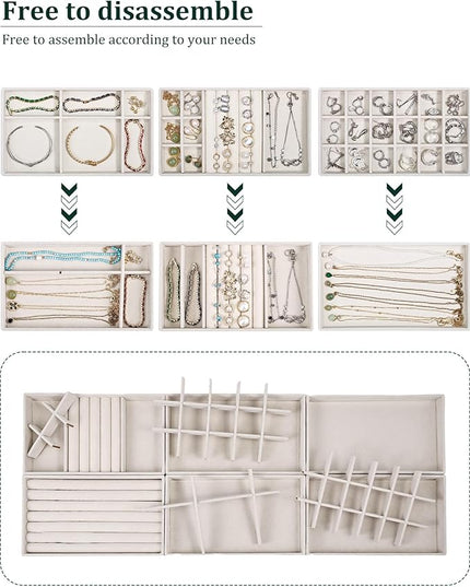 Stackable Jewelry Organizer Trays with Removable Dividers, 6-Tray Beige Jewelry Drawer Organizer Set for Earrings, Necklaces, Rings & Bracelets Gift for Her