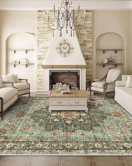Washable Oriental Area Rug - 10x12 Rugs for Living Room Soft Carpet for Bedroom Waterproof Floral Distressed Indoor Stain Resistant Non-Shedding Floor Carpets (Green, 10x12)