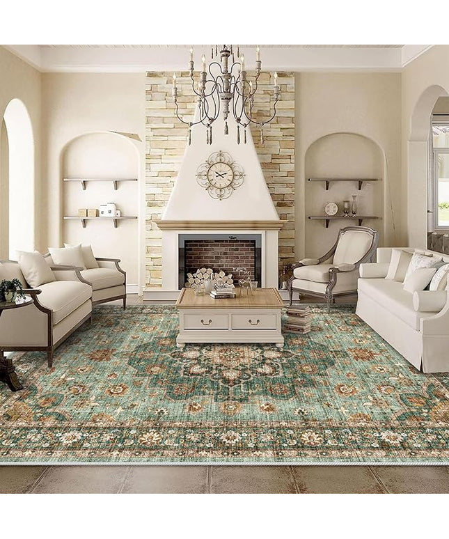 Washable Oriental Area Rug - 10x12 Rugs for Living Room Soft Carpet for Bedroom Waterproof Floral Distressed Indoor Stain Resistant Non-Shedding Floor Carpets (Green, 10x12)