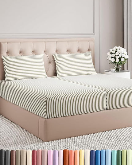 Split King Size 5 Piece Sheet Set - Comfy Breathable & Cooling Bed Sheets Set - Hotel Luxury Bedding for Women, Men, Kids, Teens, Boys & Girls - Deep Pockets, Soft and Wrinkle Free - Beige Stripes 2