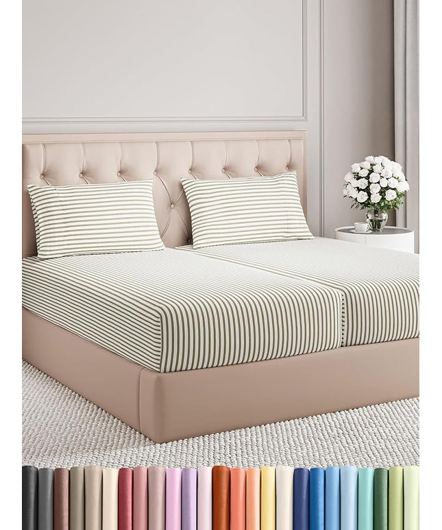 Split King Size 5 Piece Sheet Set - Comfy Breathable & Cooling Bed Sheets Set - Hotel Luxury Bedding for Women, Men, Kids, Teens, Boys & Girls - Deep Pockets, Soft and Wrinkle Free - Beige Stripes 2