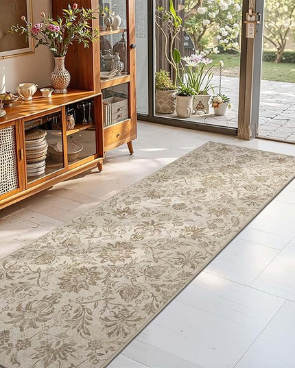 jinchan Torino Runner Rugs 2x6, Vintage-Inspired Floral Neutral Design Machine Washable Non-Slip Ultra-Thin Low-Pile Rubber Backing Runner Rug for Kitchen Hallway Laundry Room Entryway Taupe