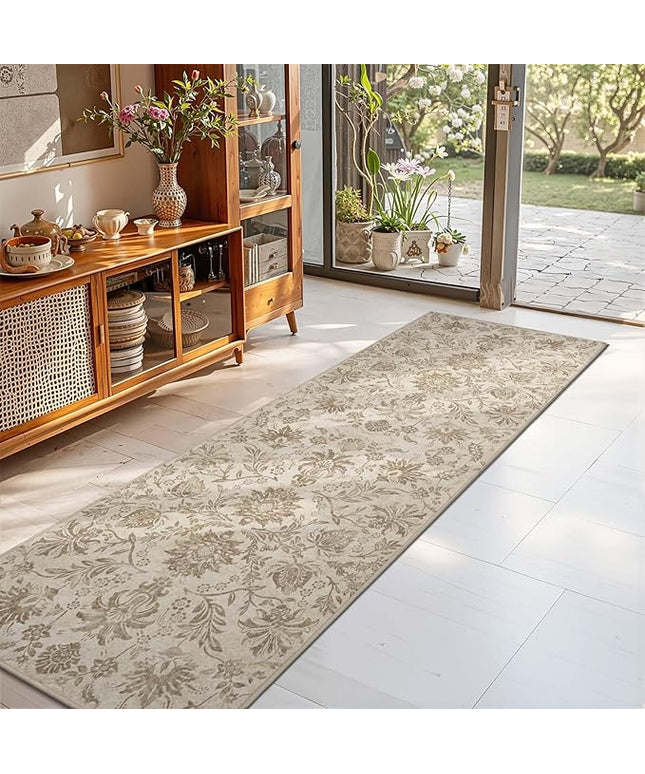 jinchan Torino Runner Rugs 2x6, Vintage-Inspired Floral Neutral Design Machine Washable Non-Slip Ultra-Thin Low-Pile Rubber Backing Runner Rug for Kitchen Hallway Laundry Room Entryway Taupe