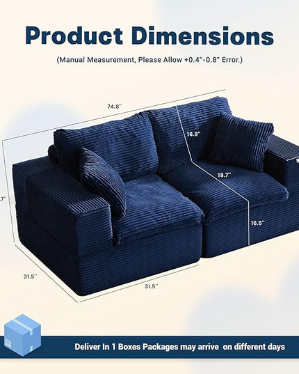 74.8” Cloud Couch, Modular Loveseat Sofa, Convertible Sofas Bed, Deep Seat Sofa, Cozy Sofa for Living Room, Office and Bedroom, Corduroy, Blue