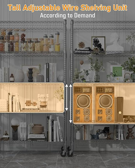 Himimi 5-Tier Heavy Duty Steel Wire Rack Storage Shelving, Adjustable Metal Storage Shelves with Wheels, 82''H Wire Shelf for Kitchen Garage Basement Pantry Organization, 18" D×36" W×82" H-Silver