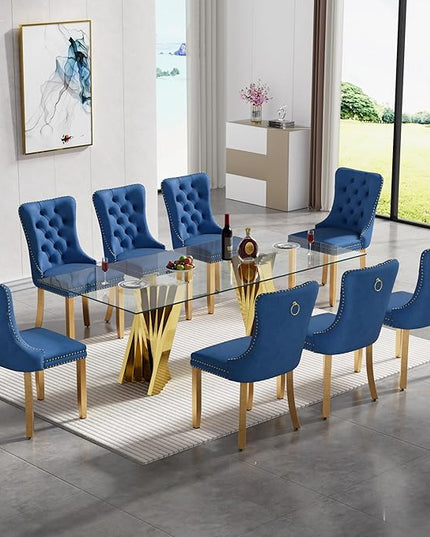 9 Piece Glass Dining Table Set,70" Dinner Room Glass Table Set for 8,Modern Kitchen Dinner Table Set with Stainless Steel Base and 8 Upholstered Velvet Dining Chairs for Living Dining Room