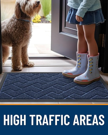 OLANLY Front Door Mat Indoor Outdoor Entrance, Waterproof All-Season, All-Weather Doormat, Sturdy Natural Rubber, Low Profile, Easy Clean Patio Porch Entryway Mat, Herringbone Brick (Blue, 36x24)