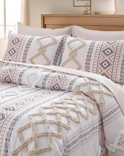 MOVE OVER Beige Tufted Comforter Set Queen Size 5 Pieces Bohemian Style Geometric Tufted Bedding Set Farmhouse Boho Aztec Comforter Set with 2 Decor Pillow Covers for Room Decor