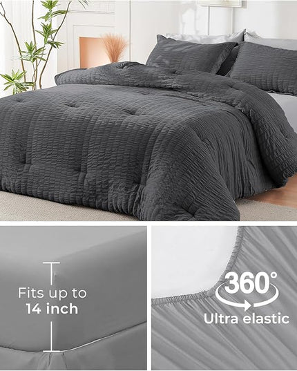 HYMOKEGE Dark Grey/Light Grey California King Comforter Set Seersucker 7 Pieces, All Season Luxury Bed in a Bag for Bedroom, Bedding Set with Comforter, Sheets, Pillowcases & Shams