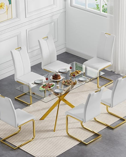 7 Piece Glass Dining Table Set, Glass Kitchen Dining Room Table Set for 6, 61" Modern Rectangular Gold Glass Metal Dining Table with 6 White PU Leather Dining Chairs for Kitchen Dining Room
